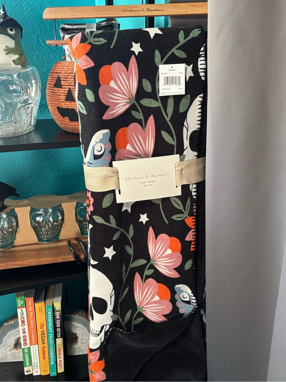 NWT Chelsea & Theodore Black Throw with Pink and Orange Floral Skull Design